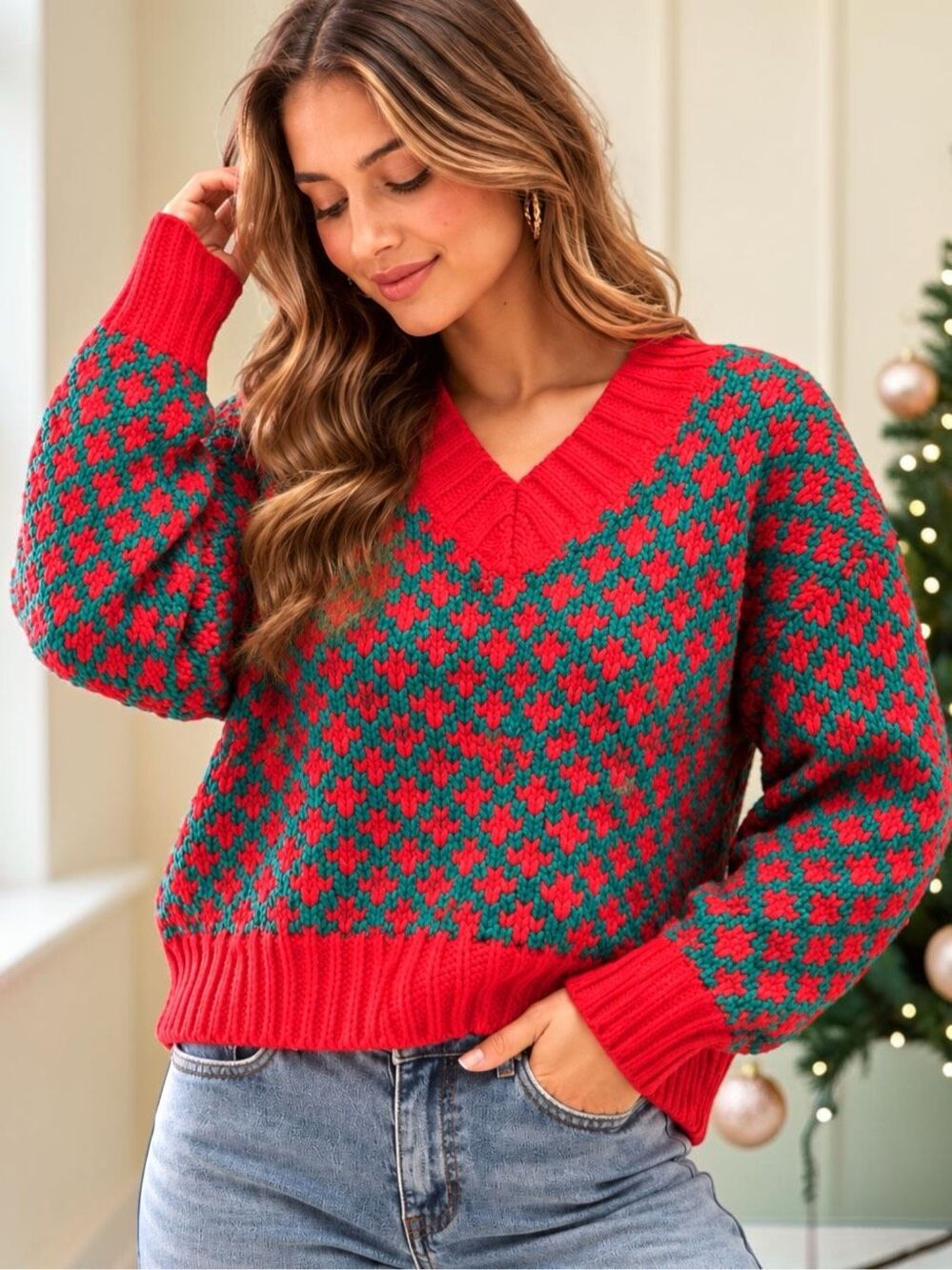 SO ME Christmas Sweater Red Green Oversized V Neck Chunky Knit Holiday NEW - Picture 2 of 11